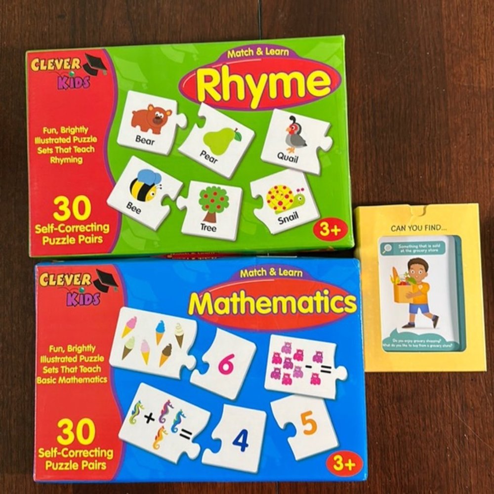 CLEVER KIDS Rhyme and Mathematics Matching Games & Found It! Scavenger Hunt Card